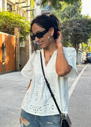 White Cotton Shiffli Top with Gathers